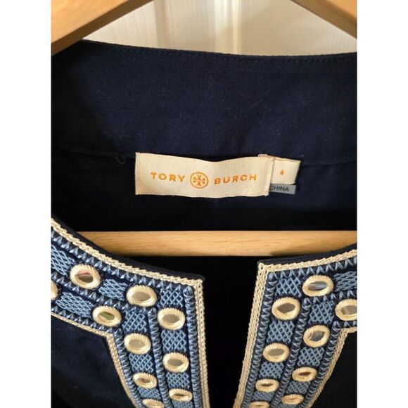 Tory Burch Ariana Crisp Poplin Mirror Applique Tunic 4 Navy - Picture 9 of 12
